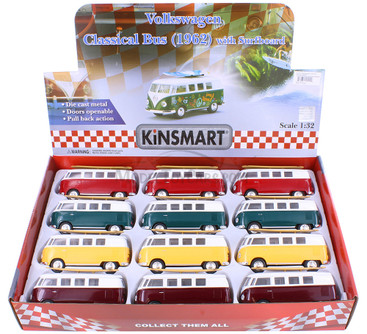  1962 Volkswagen Classic Bus with  Car Set Box of 12 1/32 Scale Diecast Model Cars, Assd Colors