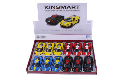 Kinsmart 2021 Chevrolet Corvette Stingray C8 Livery Edition Diecast Car Set - Box of 12 1/36 Scale Diecast Model Cars, Assorted Colors
