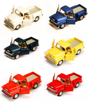 Kinsmart 1955 Chevy Stepside Pickup Truck Diecast Car Set - Box of 12 1/32 Scale Diecast Model Cars, Assorted Colors