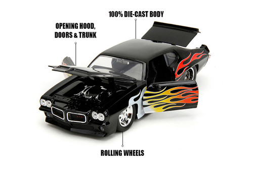 1971 Pontiac GTO Judge Hardtop, Black w/Flames - Jada Toys 35022 - 1/24 Scale Diecast Model Toy Car