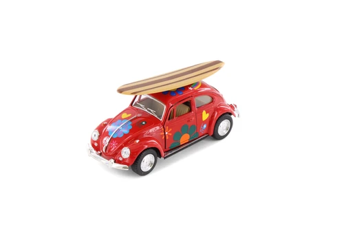 1967 Volkswagen Beetle w/ Decals & Surfboard, Red - Kinsmart 5057DFS1 - 1/32 scale Diecast Model Toy Car