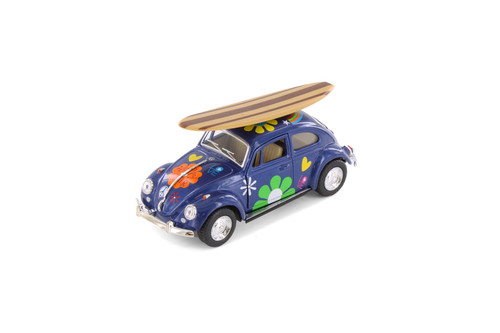 1967 Volkswagen Beetle w/ Decals & Surfboard, Blue - Kinsmart 5057DFS1 - 1/32 scale Diecast Model Toy Car