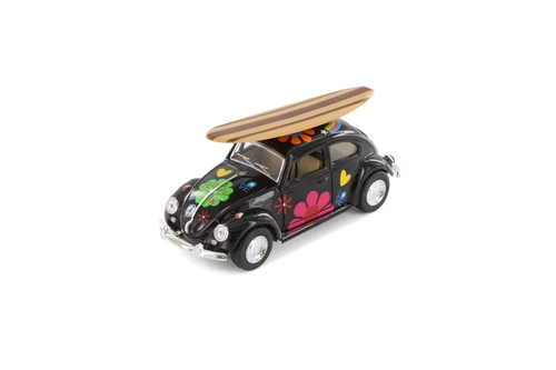 1967 Volkswagen Beetle w/ Decals & Surfboard, Black - Kinsmart 5057DFS1 - 1/32 scale Diecast Model Toy Car