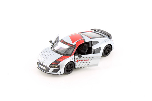 2020 Audi R8 Coupe Livery Edition, Silver w/Red Stripe - Kinsmart 5422DF - 1/36 Scale Diecast Car