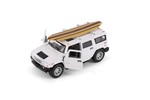 2008 Hummer H2 SUV w/Surfboard, White - Kinsmart 5337DS1 - 1/40 Scale Diecast Model Toy Car