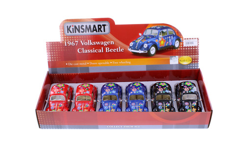 Box of 6 1967 Volkswagen Classic Beetle Hard Top w/Decals Asstd - Kinsmart 7002DF - 1/24 Scale Cars