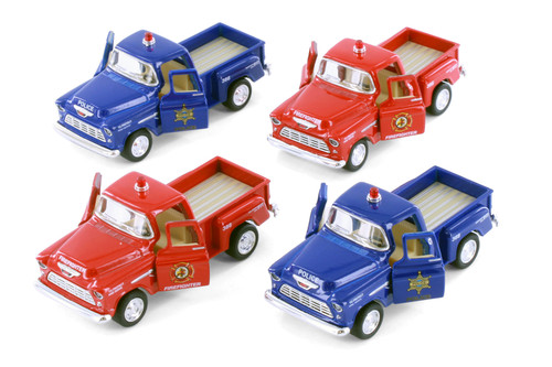 Box of 12 1955 Chevy Stepside Pickup Truck - Police/Firefighter, Kinsmart 3002DPR - 1/54 Scale Cars