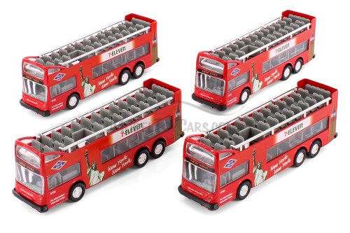 Box of 12 NYC 7-Eleven Red Sightseeing Double Decker Bus Open Top - 2168D11 - 6" Scale Diecast Cars