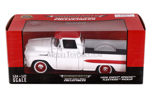 1958 Chevy Apache Fleetside Pickup Truck, White/Red, Showcasts 77311W, 1/24 Scale Diecast Model Car