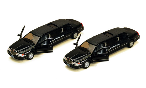 Box of 6 Las Vegas 1999 Lincoln Town Car Stretch Limousine, Black, 7001KLV, 1/38 Scale Diecast Cars