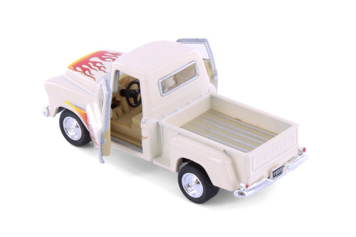 1955 Chevy Stepside Pickup Truck w/Flames, Ivory - Kinsmart 3002DF - 1/54 Scale Diecast Model Car