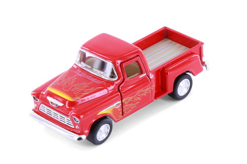 1955 Chevy Stepside Pickup Truck w/Flames, Red - Kinsmart 3002DF - 1/54 Scale Diecast Model Toy Car