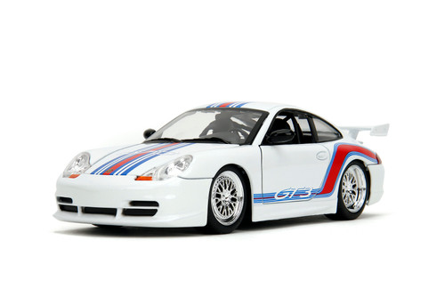 Porsche 911 GT3 (996), White w/Red & Blue Stripes - Jada Toys 35491 - 1/24 Scale Diecast Model Toy Car