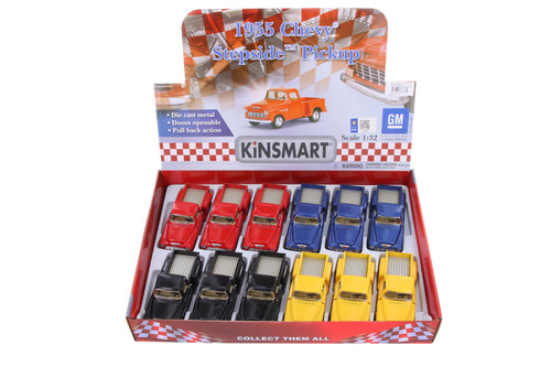 1955 Chevy Stepside Pickup Truck, Box of 12 Assortment - Kinsmart 5330D - 1/32 Scale Diecast Model Toy Cars