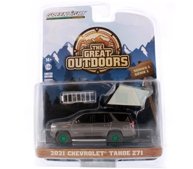 GREEN MACHINE 2021 Chevy Tahoe Z71 w/Modern Rooftop Tent, Gray Metallic - Greenlight 38010E - 1/64 Diecast Car