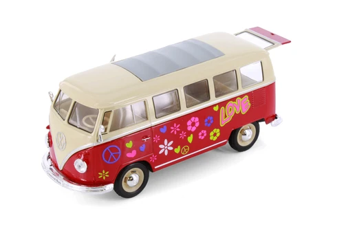 1963 Volkswagen Classical T1 Bus w/Love/Peace Decals, Red - Welly 22095A3/4D - 1/24 Scale Diecast Model Car