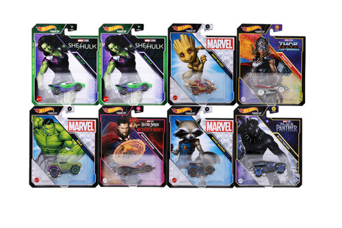 Box of 8 Marvel Blockbuster Character Car Assortment - Mattel Hot Wheels HHB74956F - 3" Scale Diecast Model Toy Cars
