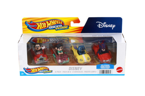 Racer Verse Disney 4-Pack Character Car Assortment - Mattel Hot Wheels HKD319564 - 2.25" Scale Diecast Model Toy Cars