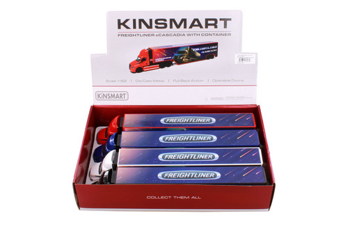 Box of 4 Freightliner eCascadia with Container, Assortment - Kinsmart 1303D - 1/60 Scale Diecast Model Toy Cars