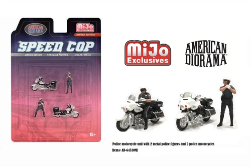 Speed Cop Figure & Bike 4pc. Set, Asstd - American Diorama AD-64530MJ - 1/64 Scale Figurine - Diorama Accessory