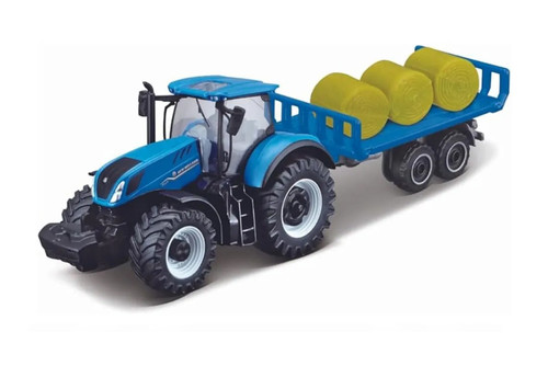 Mini Work Machines New Holland T7 Tractor w/Trailer & Haystacks, Blue - Maisto 15590 - 2.75" Scale Diecast Model Toy Car