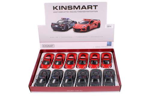 Box of 12 2021 Chevy Corvette Stingray C8 - Police/Firefighter Edition, ASSTD - Kinsmart 5432DPR - 1/36 Scale Diecast Model Toy Cars