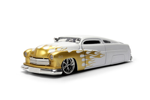 1951 Mercury Coupe, White w/Gold Flames - Jada Toys 36452 - 1/24 Scale Diecast Model Toy Car