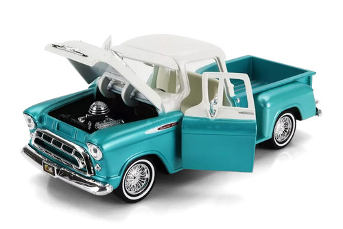 1957 Chevy 3100 Stepside Pickup Truck, Turquoise /White - Motor Max 79032WL - 1/24 Scale Diecast Model Toy Car
