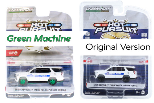GREEN MACHINE 2021 Chevy Tahoe Police Pursuit Vehicle, White - Greenlight 43000F - 1/64 scale Diecast Car