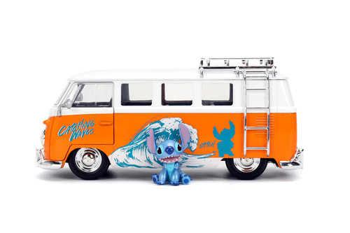 1961 Volkswagen Bus w/Stitch Figure, Orange/White - Jada Toys 36340 - 1/24 Scale Diecast Model Toy Car