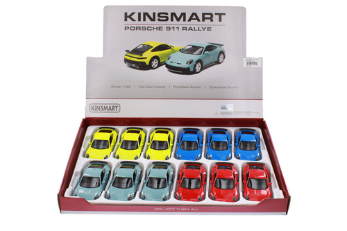 Box of 12 Porsche 911 Rallye, Assortment - Kinsmart 5467D - 1/36 Scale Diecast Model Toy Car