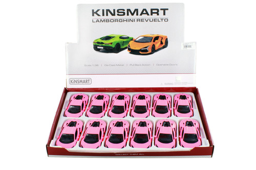 Box of 12 Lamborghini Revuelto Hardtop, Matte Hot Pink - Kinsmart 5459DPK - 1/38 Scale Diecast Model Toy Cars