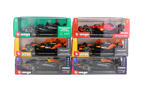 Box of 6 Formula One F1 Assorted Racing Cars w/Driver - Bburago 18-60060 - 1/24 Scale Diecast Model Toy Cars