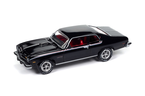 1974 Pontiac GTO, Gloss Black w/GTO RWB Stripes - Johnny Lightning JLMC034/48A - 1/64 Scale Diecast Model Toy Car