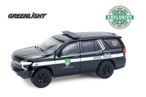 2024 Chevy Tahoe Police Pursuit Vehicle "Dover Police - 100th Anniversary Edition", Black/White - Greenlight 30549/48 - 1/64 Scale Diecast Model Toy Car