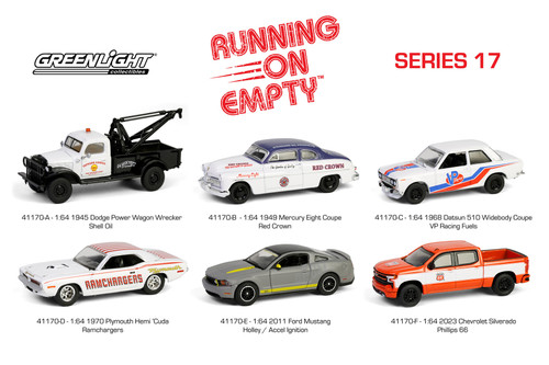 Box of 6 Running on Empty Series 17, ASSTD - Greenlight 41170/6 - 1/64 Scale Diecast Model Toy Cars