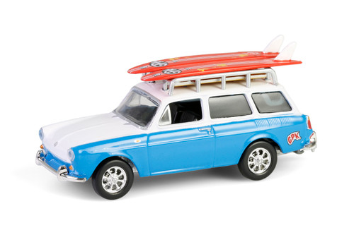 1961 Volkswagen Type 3 Squareback w/Roof Rack & Surfboards "Waxed Zack", Blue/White - Greenlight 54110B/48 - 1/64 Scale Diecast Model Toy Car