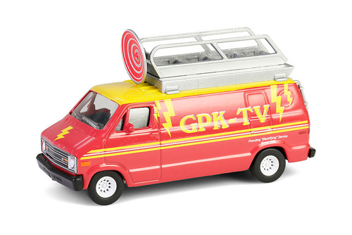 1976 Dodge B-100 w/Roof Mounted Satellite Dish "Dish Grace", Red/Yellow - Greenlight 54110D/48 - 1/64 Scale Diecast Model Toy Car