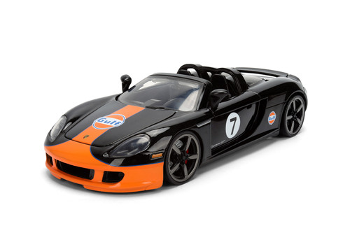 2005 Porsche Carrera GT Convertible #7 "Gulf Oil", Black/Orange - Jada Toys 36487 - 1/24 Scale Diecast Model Toy Car