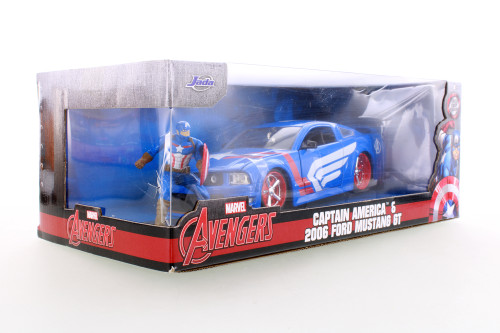 2006 Ford Mustang GT with Captain America Figure, Blue - R-23887 - 1/24 Scale Diecast Model Toy Car