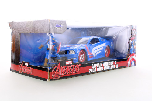 2006 Ford Mustang GT with Captain America Figure, Blue -  R-23886 - 1/24 Scale Diecast Model Toy Car
