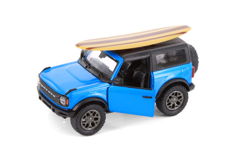 2022 Ford Bronco w/Surfboard, Blue - Kinsmart 5438DS1 - 1/34 Scale Diecast Model Toy Car