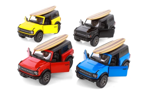 Box of 12 2022 Ford Bronco w/Surfboard, ASSTD - Kinsmart 5438DS1 - 1/34 Scale Diecast Model Toy Cars