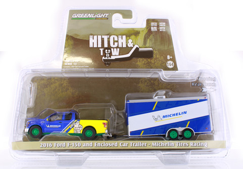 GREEN MACHINE 2016 Ford F-150 and Enclosed Car Trailer Michelin Tires Racing, Blue w/ Yellow - Greenlight 32130C/24 - 1/64 Scale Diecast Model Toy Car