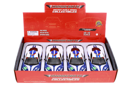 Box of 4 2020 Chevy Corvette #28 "GT Racing", White/Blue - Showcasts 73794D - 1/24 Scale Diecast Model Toy Car