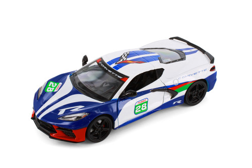 Box of 4 2020 Chevy Corvette #28 "GT Racing", White/Blue - Showcasts 73794D - 1/24 Scale Diecast Model Toy Car