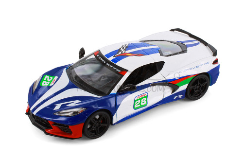 Box of 4 2020 Chevy Corvette #28 "GT Racing", White/Blue - Showcasts® 73794D - 1/24 Scale Diecast Model Toy Car