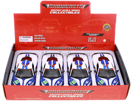 Box of 4 2020 Chevy Corvette #28 "GT Racing", White/Blue - Showcasts® 73794D - 1/24 Scale Diecast Model Toy Car