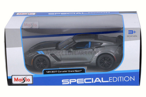 2017 Chevy Corvette Grand Sport, Gray w/ Stripes - Maisto 31516GY - 1/24 Scale Diecast Model Toy Car