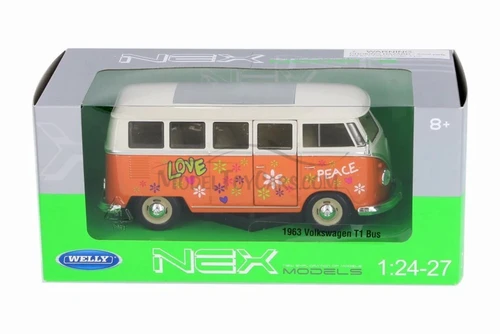 1963 Volkswagen Classical T1 Bus w/Love/Peace Decals, Orange - Welly 22095A1WOR - 1/24 Scale Diecast Model Toy Car